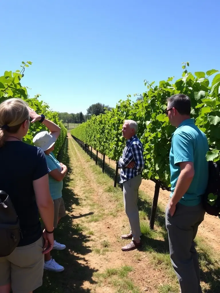 A guided walking tour through Quincy vineyards, with a passionate guide sharing stories, surrounded by lush grapevines under a sunny sky.