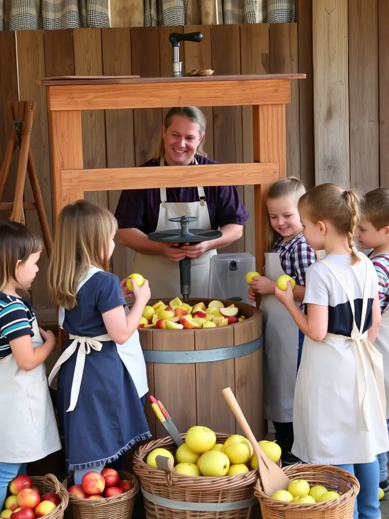 Children and adults participating in a hands-on grape pressing demonstration, smiling and learning about traditional winemaking tools in a museum-like setting.