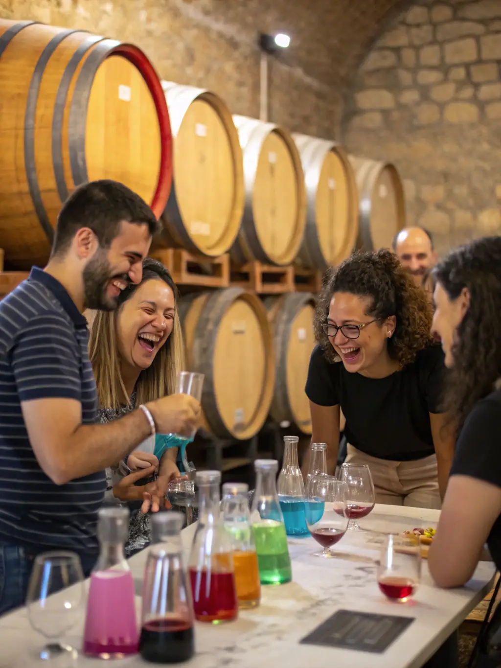 A group of adults and children participating in a hands-on wine tasting workshop, with glasses, aroma kits, and an expert explaining the process in a welcoming setting.