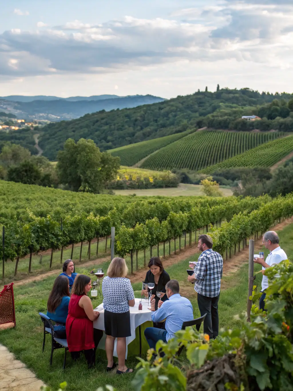 A small group walking between lush green vineyard rows under a blue sky, with a guide pointing out grape clusters and explaining the terroir, the Quincy village visible in the background.