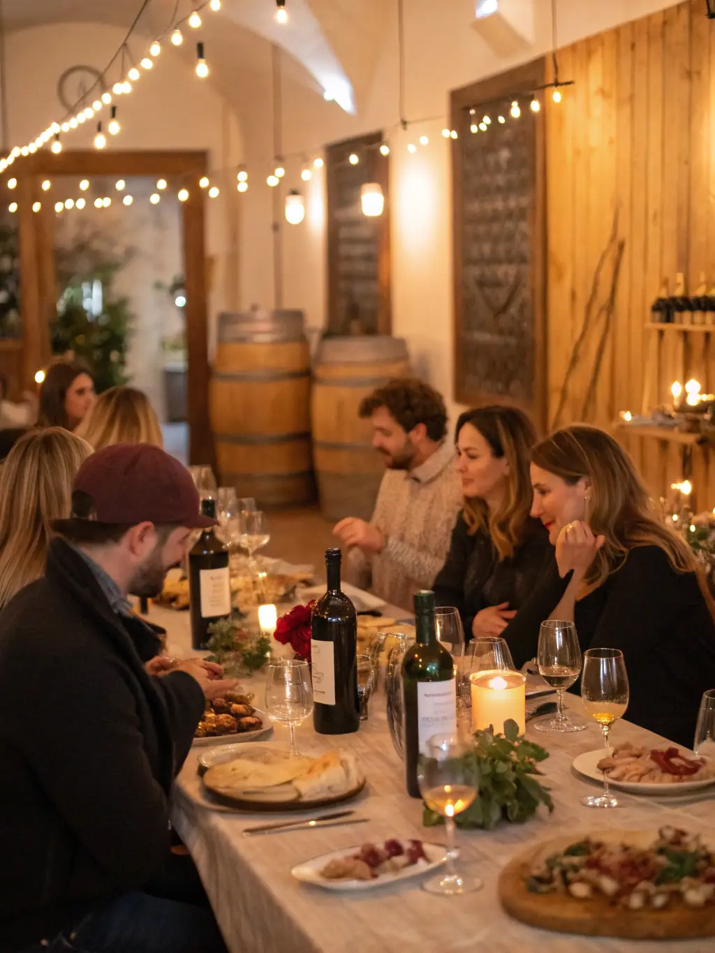 A group of adults and children gathered around a rustic wooden table in a sunlit room, swirling glasses of Sauvignon wine and listening to an instructor explain tasting techniques, with educational posters about viticulture on the walls.