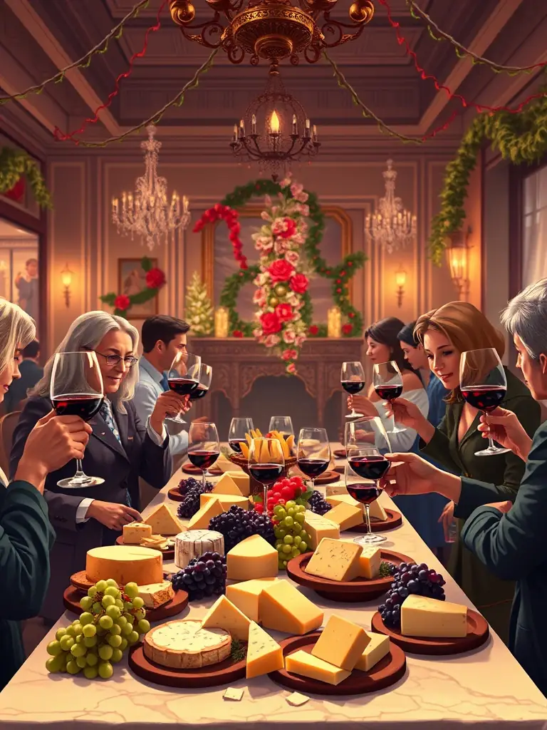 A lively indoor event with people sampling local wines and cheeses, traditional music being played, and informational displays about the history of Quincy’s wine culture.