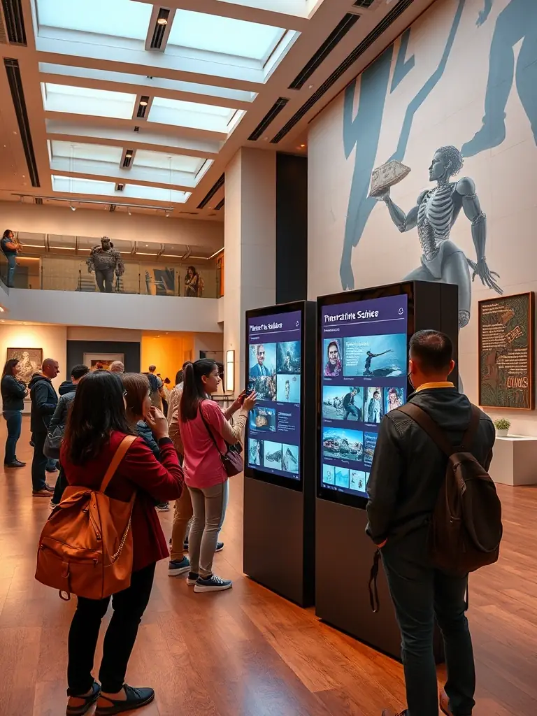A bright, modern exhibition room at the Quincy museum, with interactive panels about Sauvignon wine, local artifacts, and visitors attentively exploring the displays.